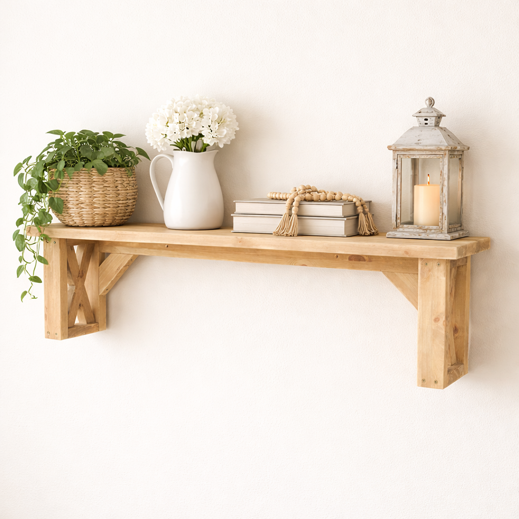 Poliță de perete din pin masiv cu console în X — imaginea 4