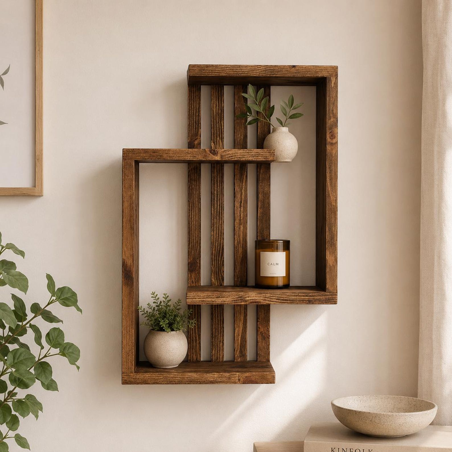 Poliță geometrică de perete din pin masiv, 80 x 50 cm