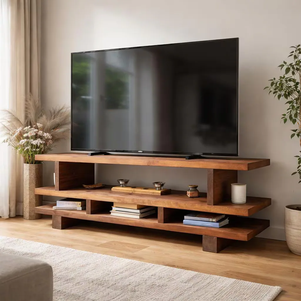 Comodă TV rustică din pin masiv, cu spațiu deschis — imaginea 1
