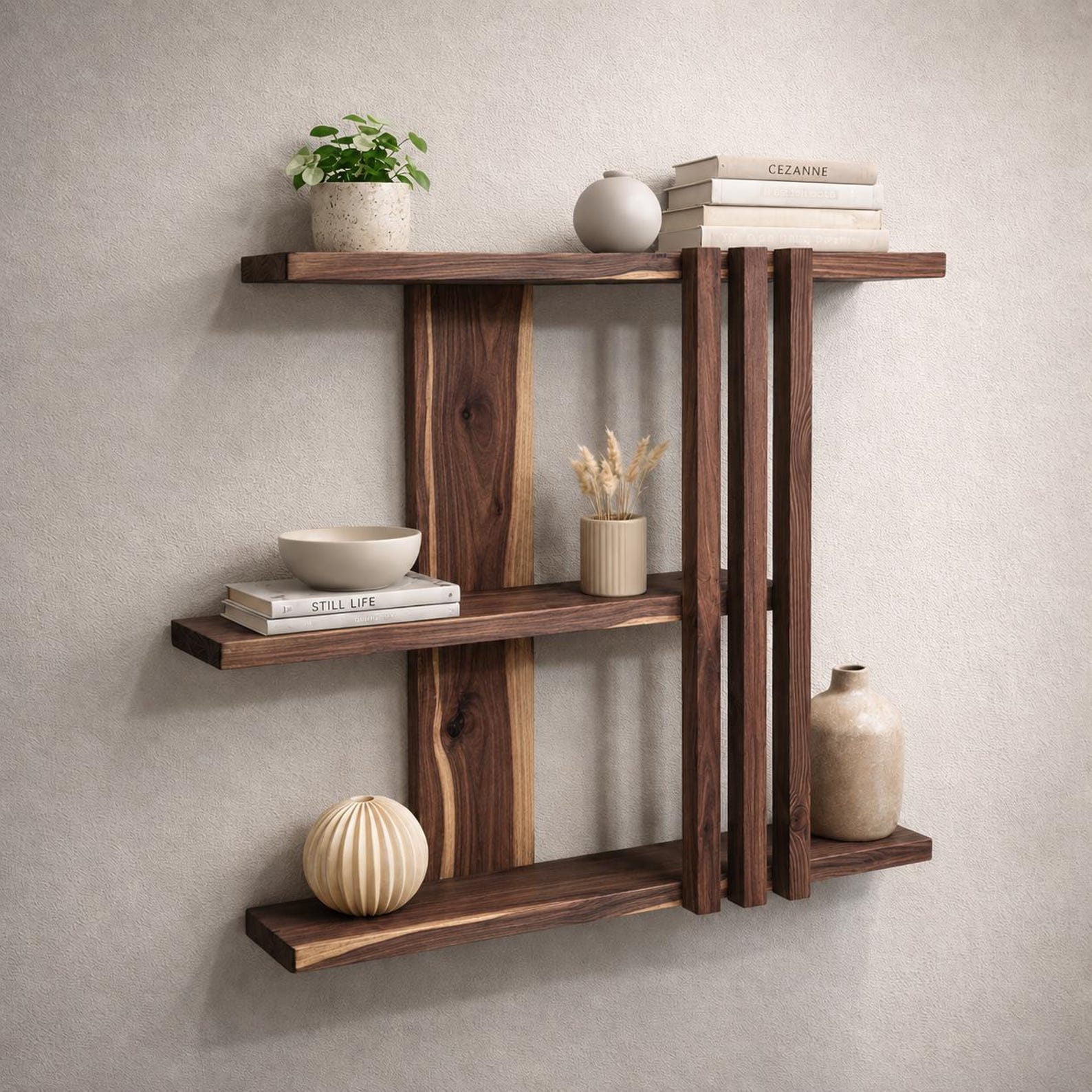 Poliță geometrică de perete din nuc masiv, 67 x 67 cm — imaginea 1
