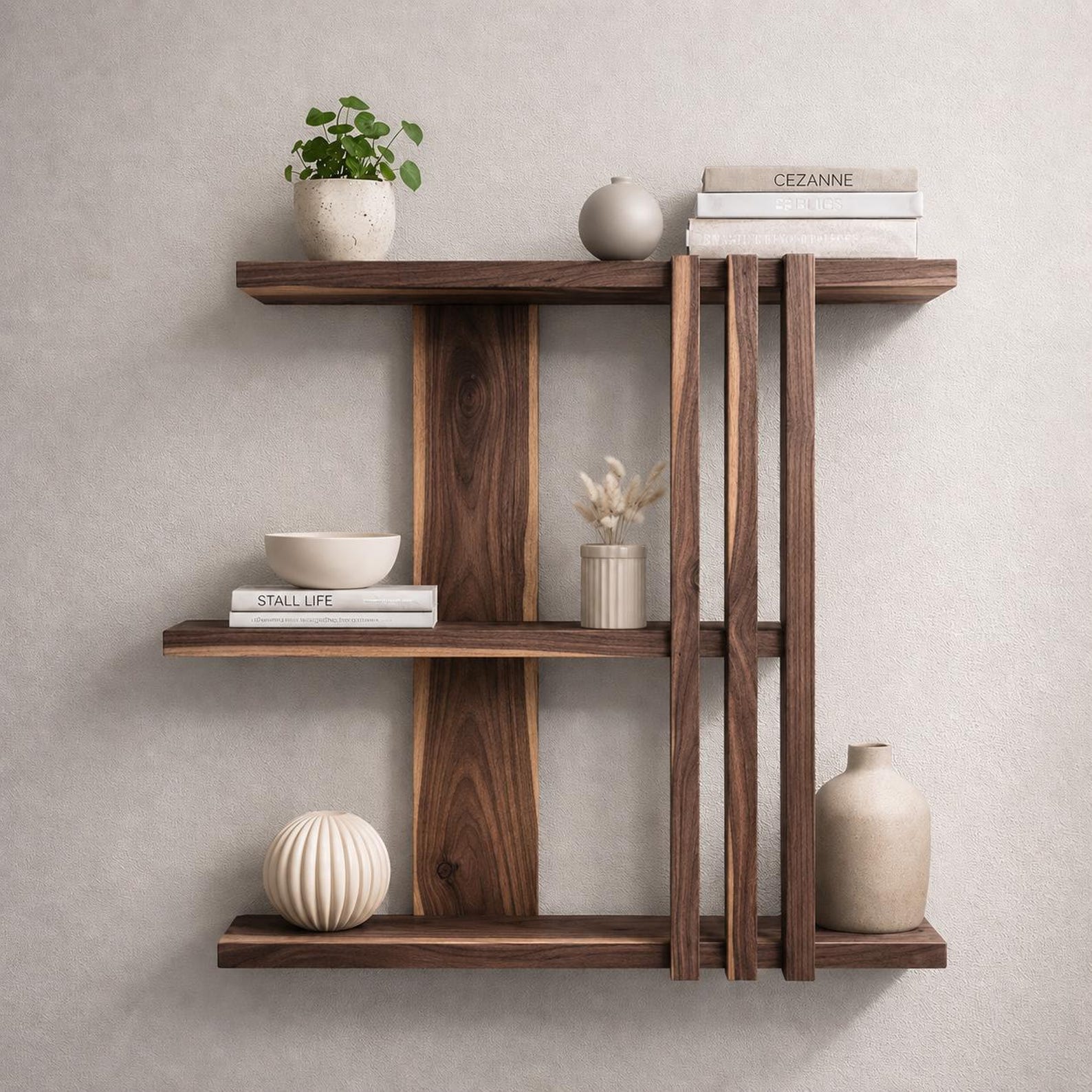 Poliță geometrică de perete din nuc masiv, 67 x 67 cm — imaginea 2