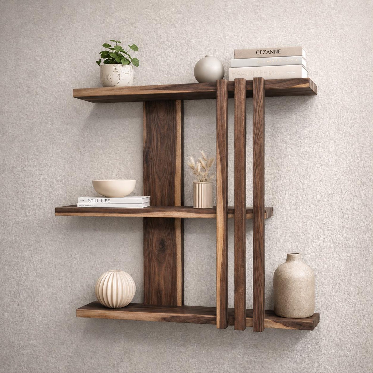 Poliță geometrică de perete din nuc masiv, 67 x 67 cm — imaginea 3
