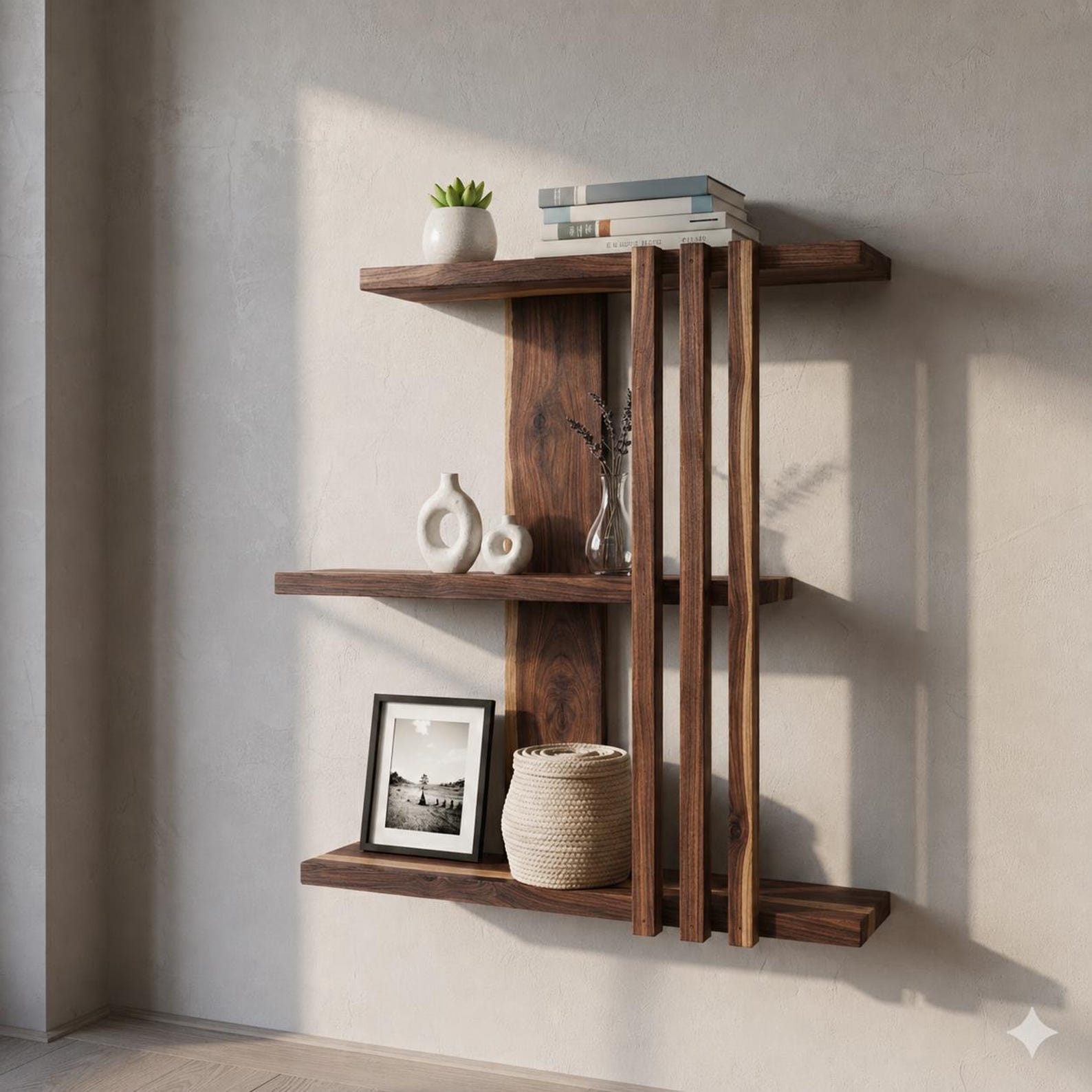 Poliță geometrică de perete din nuc masiv, 67 x 67 cm — imaginea 7